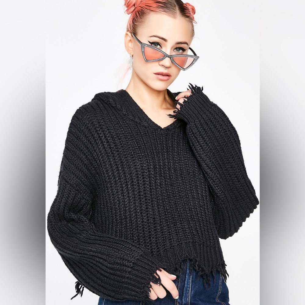 Skylar+Madison Hooded Cropped Distressed Sweater with Side Zipper Detail